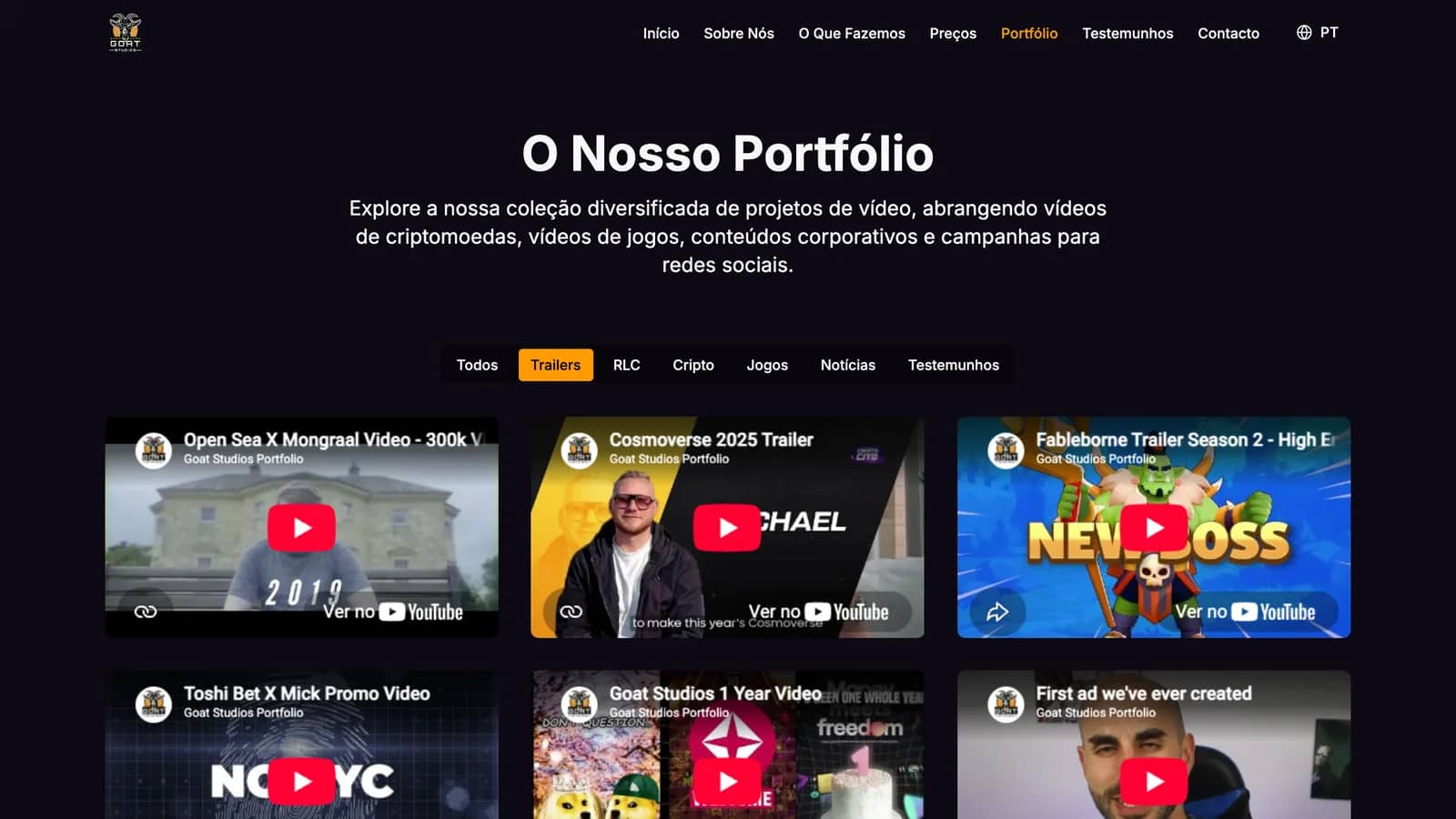 The portfolio: the studio's own reels, filtered by kind